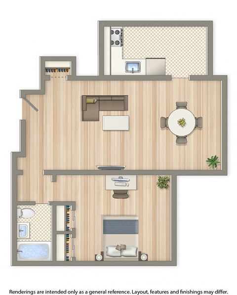 norwood one bedroom apartment floor plan rendering